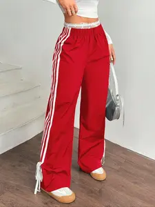 Wide Leg Stripe Pants with Drawstring Hem, Casual Loose-Fit Long Trousers for Women, All Season Woven Fabric, Comfortable Daily Wear, Striped Womenswear