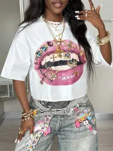 Women's Fashionable Streetwear T-Shirt, Shiny Lip Print, Loose Fit, Geometric Pattern, Ideal for Nightclubs & Parties