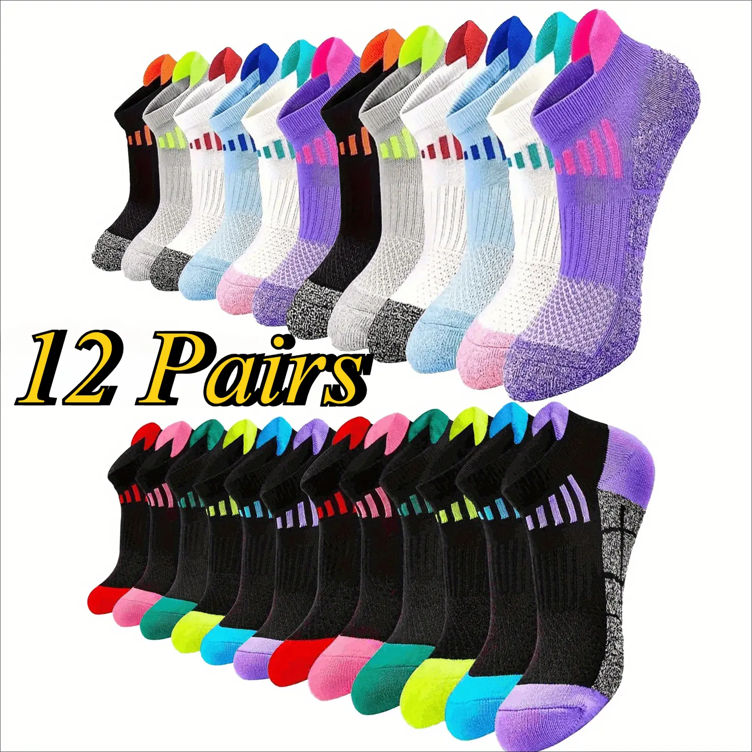 Women's Solid Athletic Crewsocks 12/24 Pairs, Lightweight and Breathable for Sports & Outdoor Training, Lightweight Socks, Breathable Low Cut Socks, Solid Colors, Outdoor Running Socks