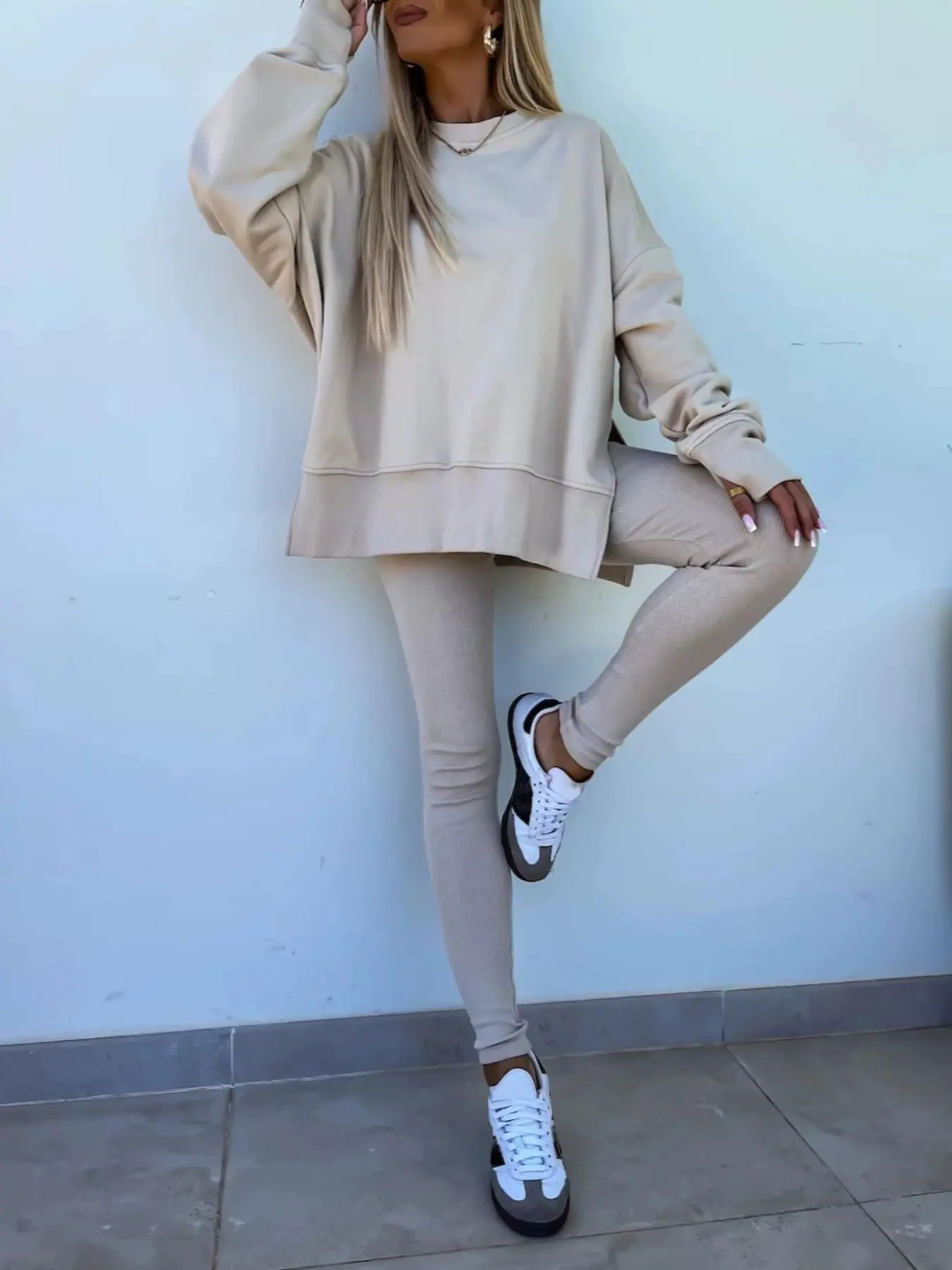 Women's Casual Two-Piece Outfit, Solid Color Oversized Drop Shoulder Long Sleeve Sweatshirt & Ribbed High-Waist Leggings Set, Crew Neck Side Split Top and Tights, Soft & Stretchy Loungewear & Tracksuit for Everyday, Daily, Streetwear & Athleisure, Clothes