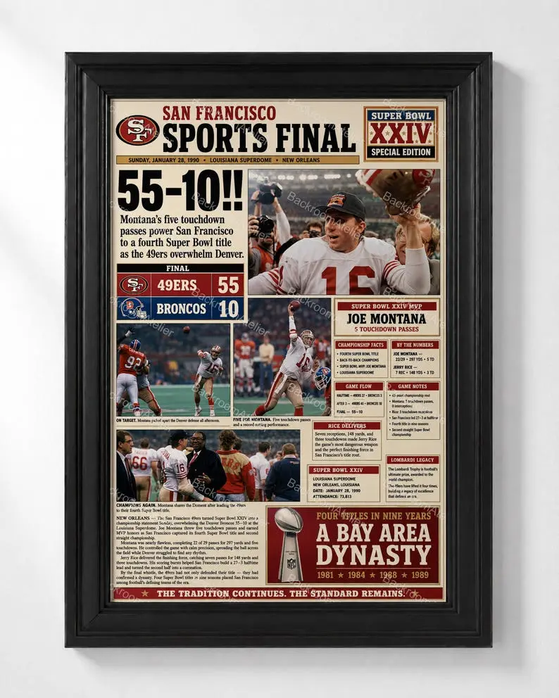 San Francisco 49ers Bowl XXIV Newspaper Paper Print - Joe Montana 55-10 Championship Poster, Sports Theme Fan Decor, Multi-Size Wall Display for Room Gift
