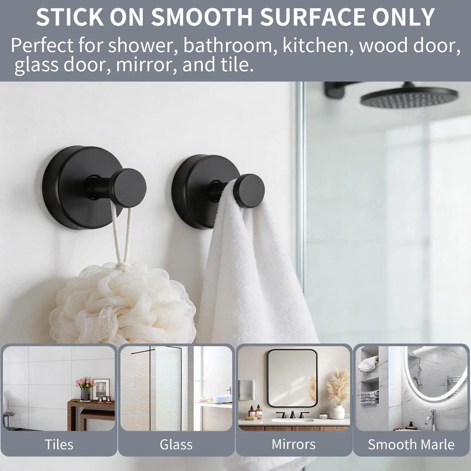 DGAPHRO Suction Cup Hooks (2 Packs, Black) - Shower Organizer, Removable Hooks for Bathroom Window Glass Door Wall, Hanging Bath Robe Loofah Wreath, Mother Gift Set