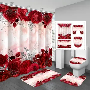 4-Piece Rose Silver Color Flashy Bath Curtain Set, Waterproof with 12 Hooks, Non-Slip Bathroom Rug, Toilet U-Shaped Pad, Bathroom Decor, Bathroom Shower Curtain Sets