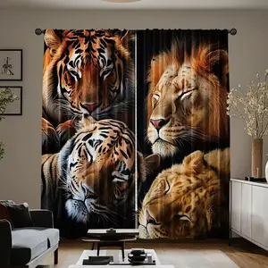 2 Piece Lion and Tiger Family Print Curtains, Stylish Rod Pocket Window Drapes for Bedroom and Living Room, Easy to Install for Coffee Shops and Offices