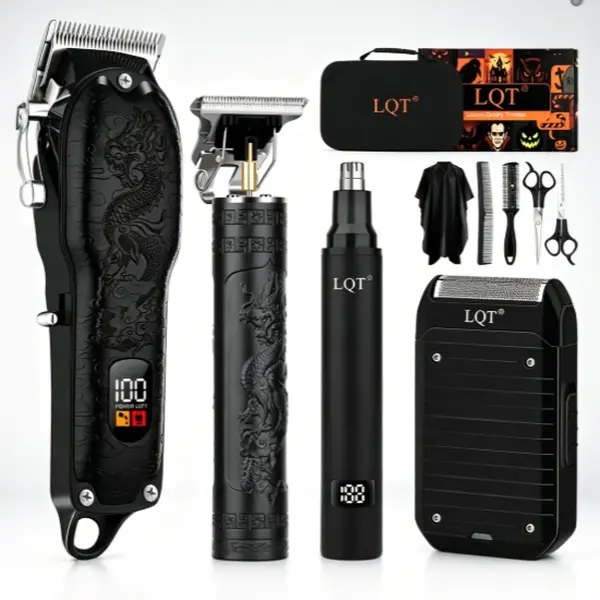 Mens Vintage Black Dragon Embossed LQT 4Pcs Cordless Barber Kit - Multi-Functional Hair Clipper, Trimmer, Shaver, Nose Trimmer with Full Accessories & Travel Case for Hairstylists