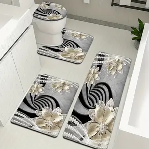 4Pcs Flannel Bathroom Rugs Set, Non-Slip Absorbent Gold Floral Bath Mats with Toilet Lid Cover, Soft Shower Floor Mats for Bathroom, Machine Washable