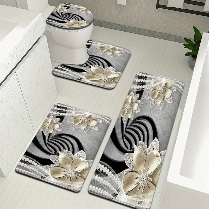4pcs Gray Base Pearl Diamond Pattern Bathroom Mat Set, Rug Set, Toilet Cover and Carpet, U-Shaped Bathroom Decorative Foot Pad