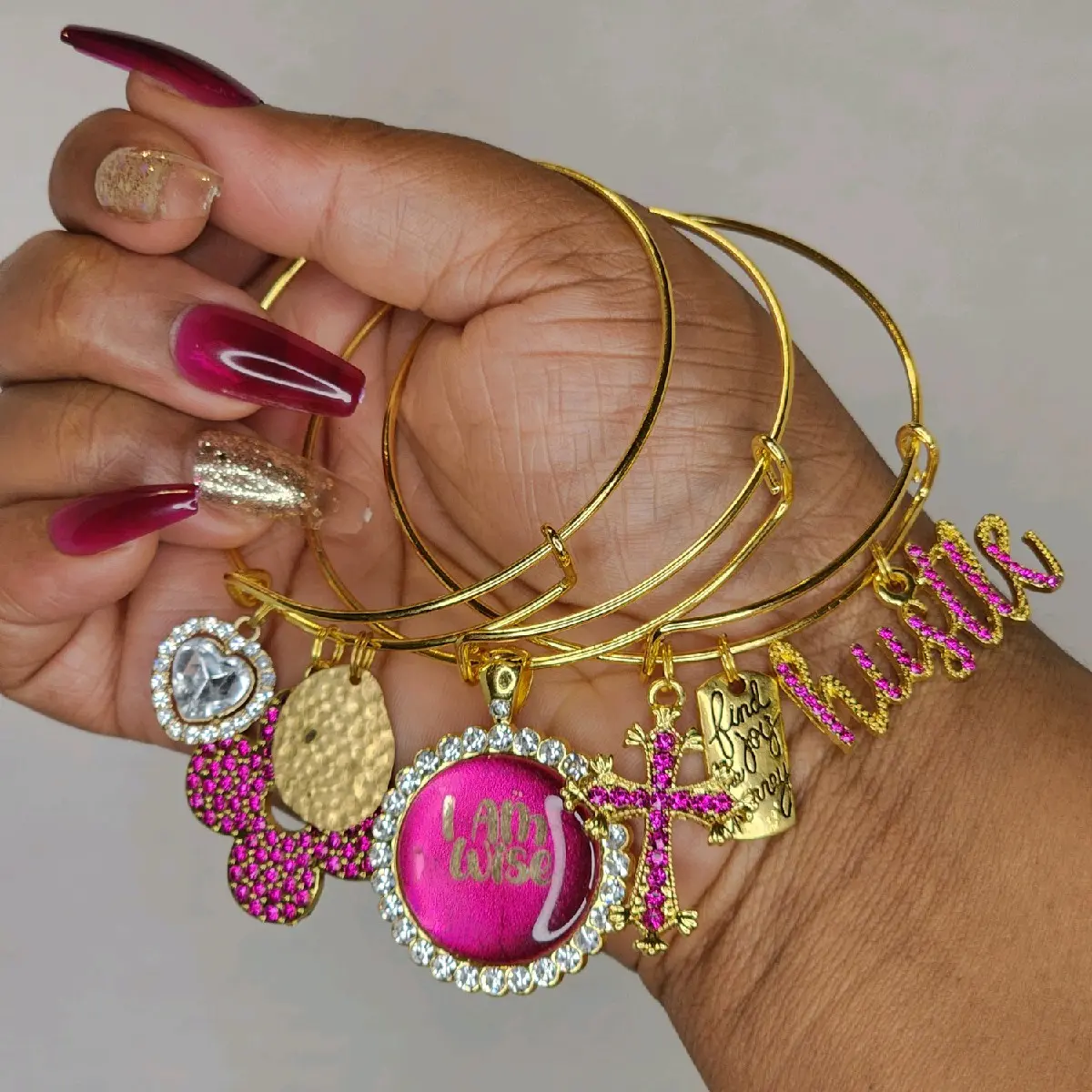 I Am Wise Affirmation Manifestation Dark Pink Gold Bangle Set