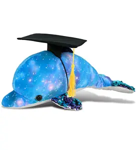 DOLLIBU 12-Inch Space Theme Dolphin Sequin Graduation Plush Toy with Cap and Tassel, Personalized Gift for Graduates