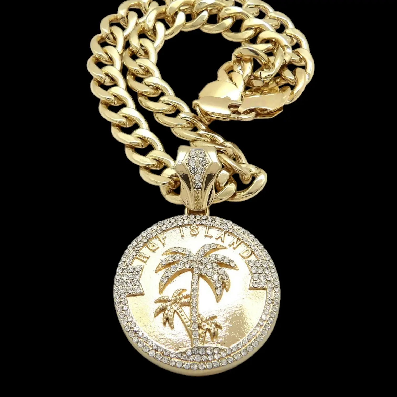 MaxBling81 Men's Hip Hop Iced RGF Island Medal CZ Pendant Cuban Chain & Link Necklace, 10mm Multi Size (18in/20in/24in/30in) Gold Metal Coating
