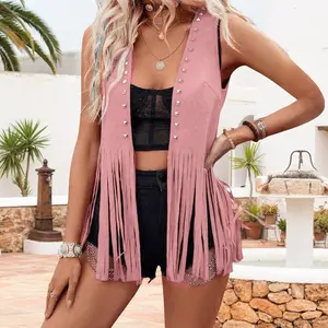 Women Rivet Tassel Vest Open Front Sleeveless Faux Suede Vest Jacket Hippie Costumes