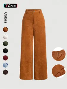 Women's Plain Pocket Button Front Wide Leg Pants, Casual High Waist Trousers for Daily Wear Everyday, Ladies Bottoms for All Seasons, Baggy Pants, Womenswear