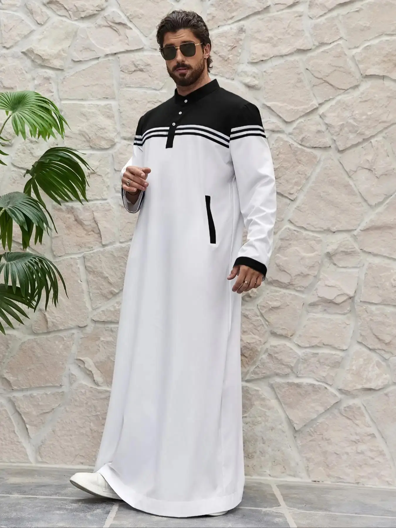 Men's Striped Print Half Button Kaftan, Modest Long Sleeve Pocket Arabian Clothing, Fashion Islamic for Spring & Fall, TrendyLook, SmartCasual, WardrobeEssential, ComfortFit, RelaxedStyle, ClosetEssential, AthleisureFit