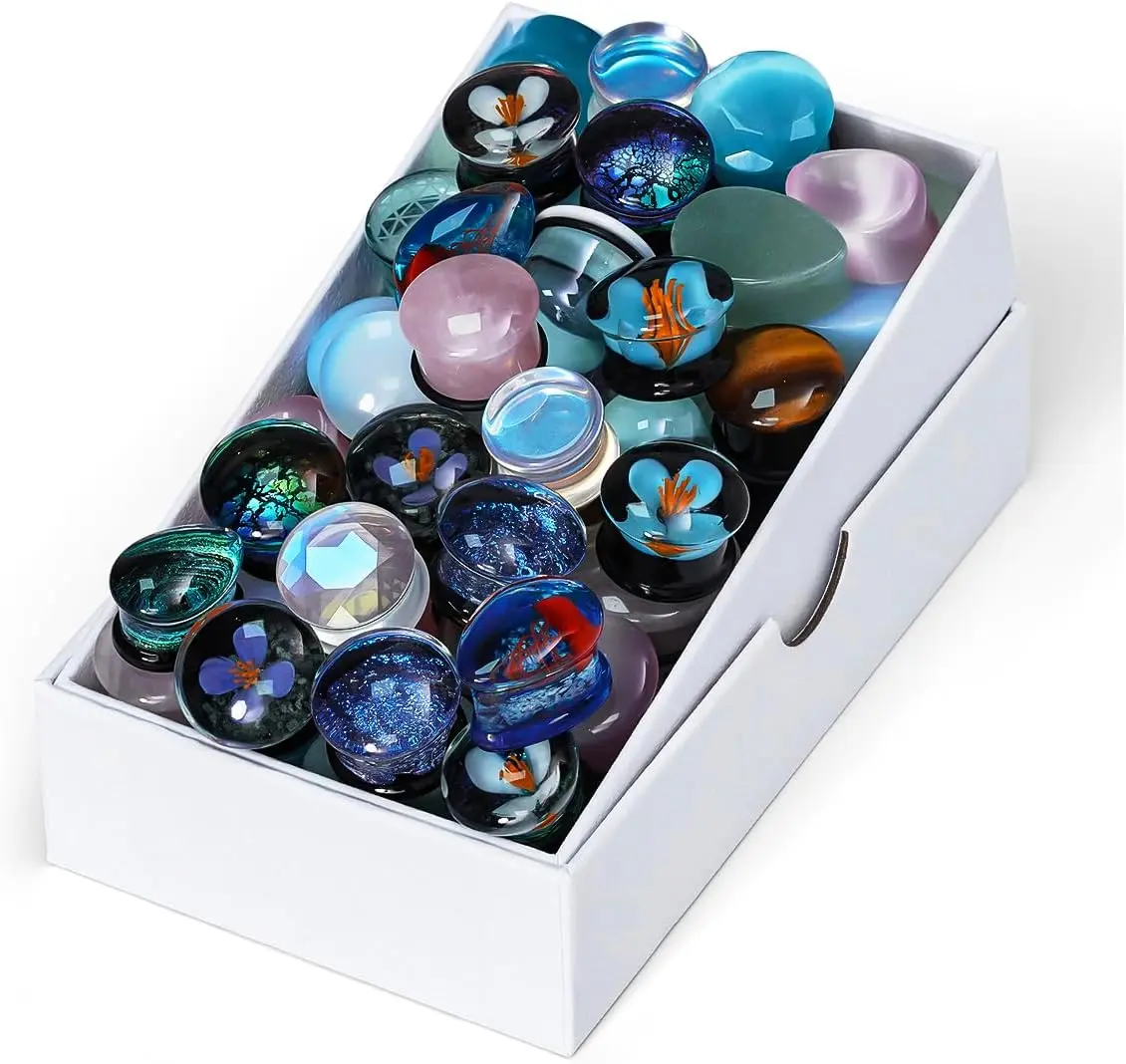 Screw Fit Gauges Flesh Plugs, 10 Pairs Random Styles Plugs Tunnels, Stainless/Glass/Stone/Acrylic Stretchers Expander.