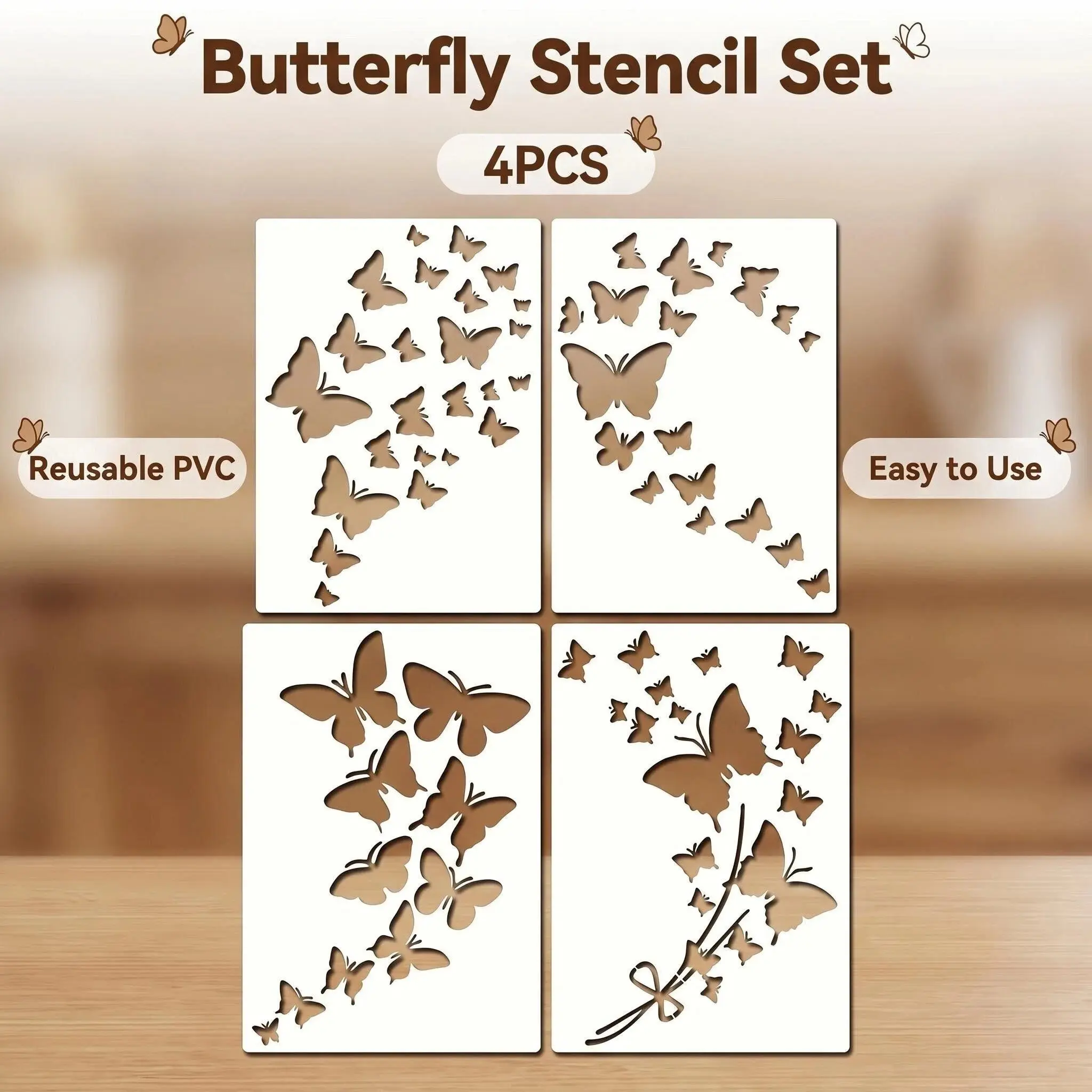 4 Large Butterfly Pattern Templates, Reusable Plastic Design, DIY Craft Stencils, Scrapbooking, Scrapbook Accessory, Wall Art Decor, Nature Theme, Durable Material