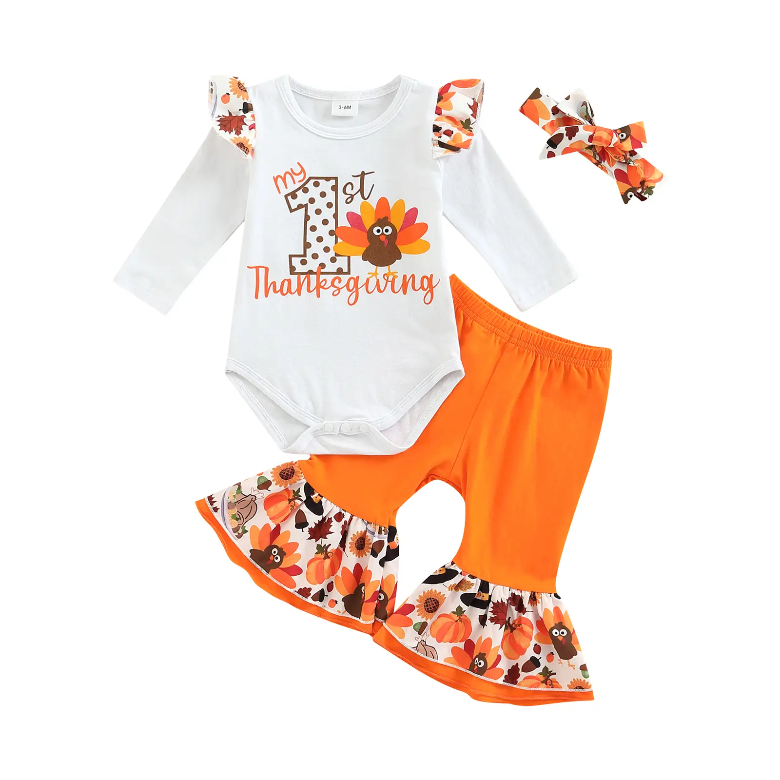 Newborn Baby Girl My 1st Thanksgiving Outfit Long Sleeve Turkey Romper Bell Bottom Pants Headband 3Pcs Set