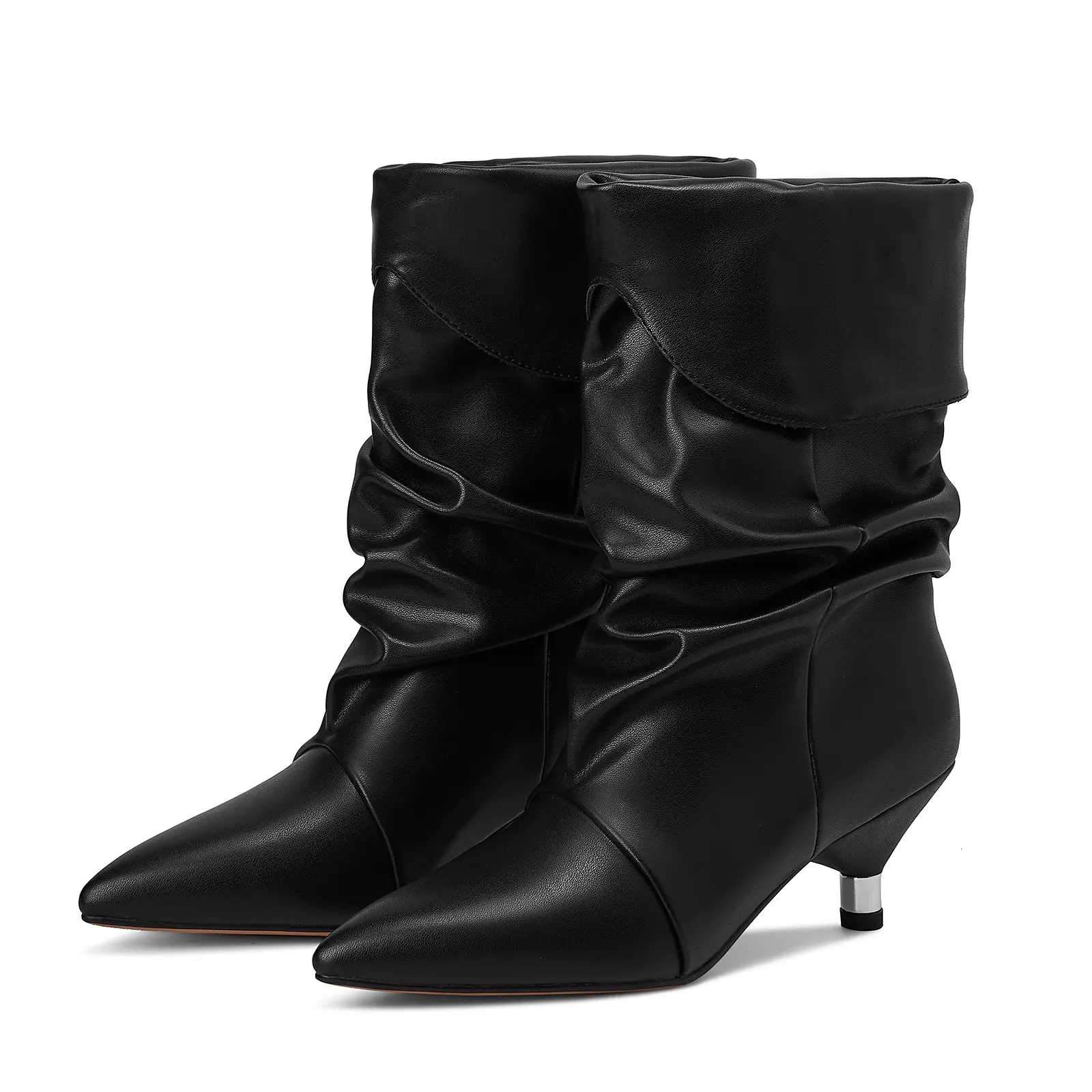 Women's Pointed Toe Slouchy Mid Calf Boots Ruched Foldover Shaft Metal Kitten Low Heel Pull On Stylish Fall Winter Dress Shoes  Footwear Girl Design Soft