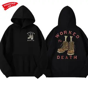 Worked To Death Hoodie, Work Boots Skeleton Graphic, Workman Trading Co Graphic Hoodie for Construction Workers & Laborers, Funny Gift for Blue Collar Men