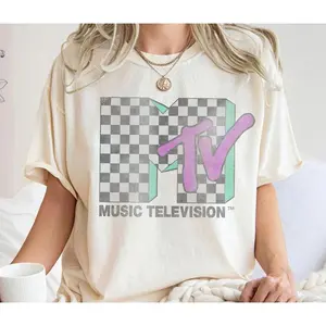 MTV Checkered Distressed Retro Logo Graphic T-shirt, Music Television MTV Logo Tee, MTV Logo T-shirt