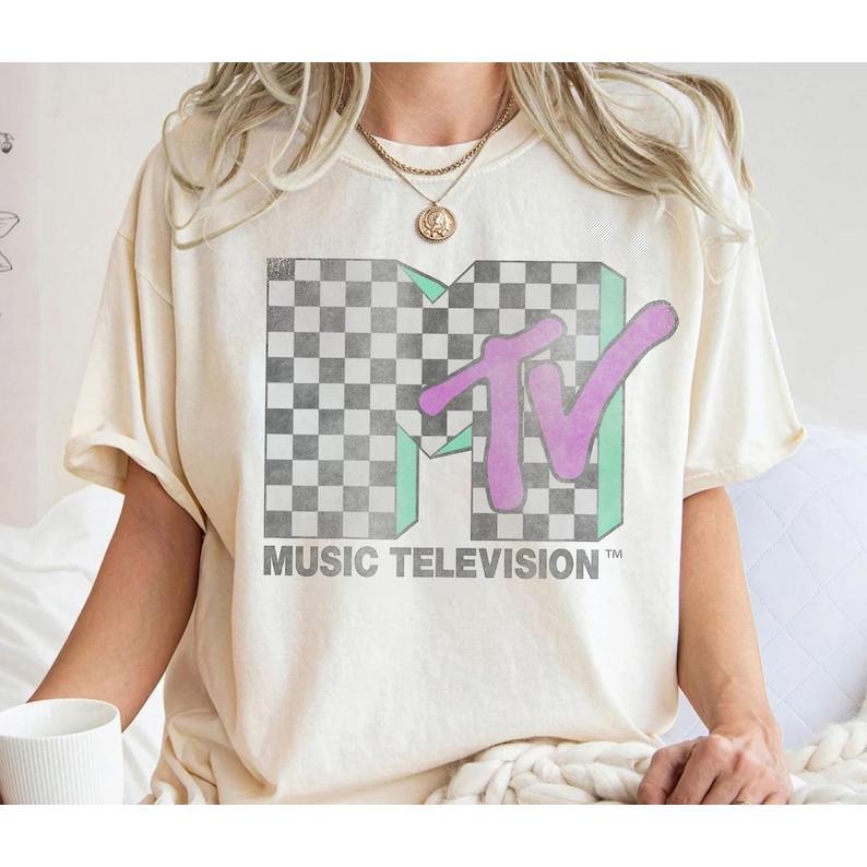 MTV Checkered Distressed Retro Logo Graphic T-shirt, Music Television MTV Logo Tee, MTV Logo T-shirt