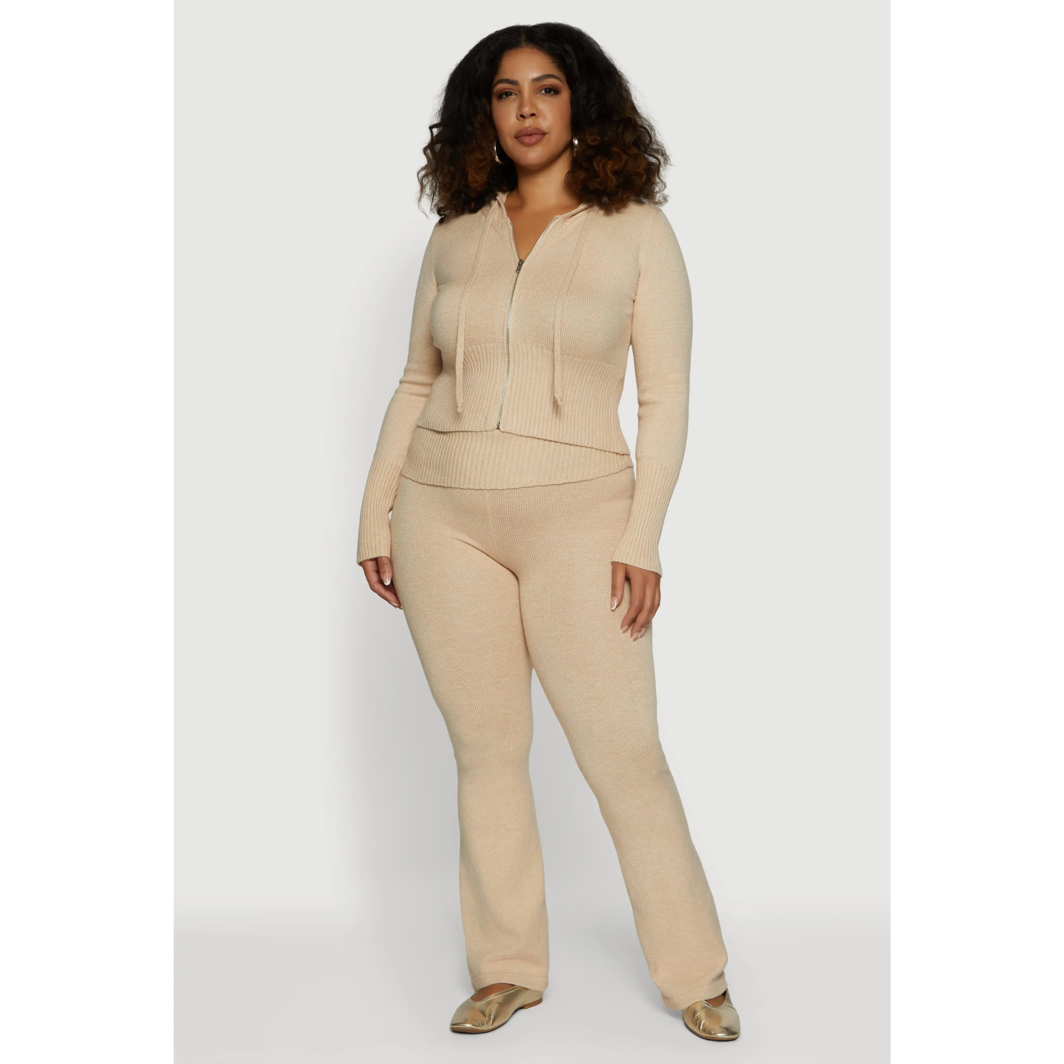 Plus Size Ribbed Knit Fold Over Flare Pants