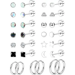 Hypoallergenic Flat Back Stud Earrings, Stainless Steel for Sensitive Ears, Silver Color, Cartilage Earring Set