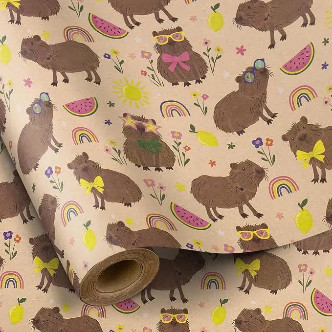 RUSPEPA Cute Animal Kraft Wrapping Paper Roll, 17 Inch x 16.4 Feet Funny Sloth, Capybara and Easter Bunny Design Gift Wrap, Vintage Spring Animal Wrapping Paper for Birthday, Easter, Pet Lovers, Kids, Girls, Party Gifts and Seasonal Celebrations