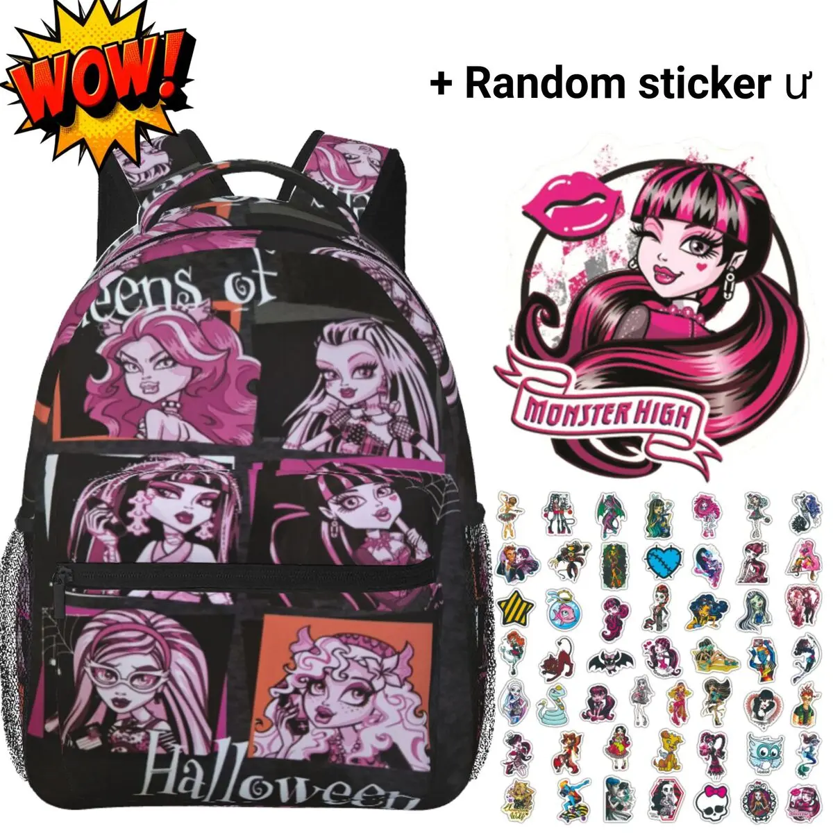 Monster High Backpacks for School Halloween Queens Comic Panel All-Over Print, Large Capacity Pink Black Goth Monster High Laptop Daypack for Campus Daily Commute, Cartoon Monster High School Bag Gift for Teens Students Fans
