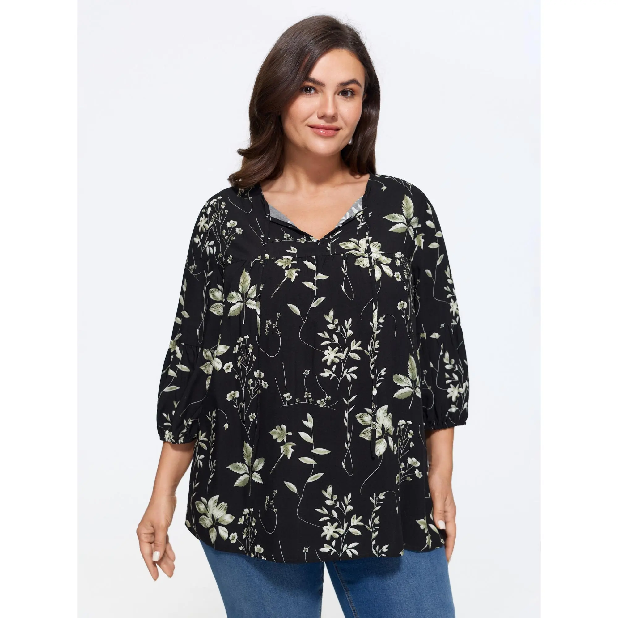 BloomChic Plus Size Botanical Print A-Line Blouse, V-Neck Top with 3/4 Lantern Sleeves in Timeless Rayon Fabric, Sleeve, Garment, Shirts, Women, Plant Motifs, Regular Length, Plus Size Tops, Blouse Shirt, Smooth, Fit, A-Line Cut