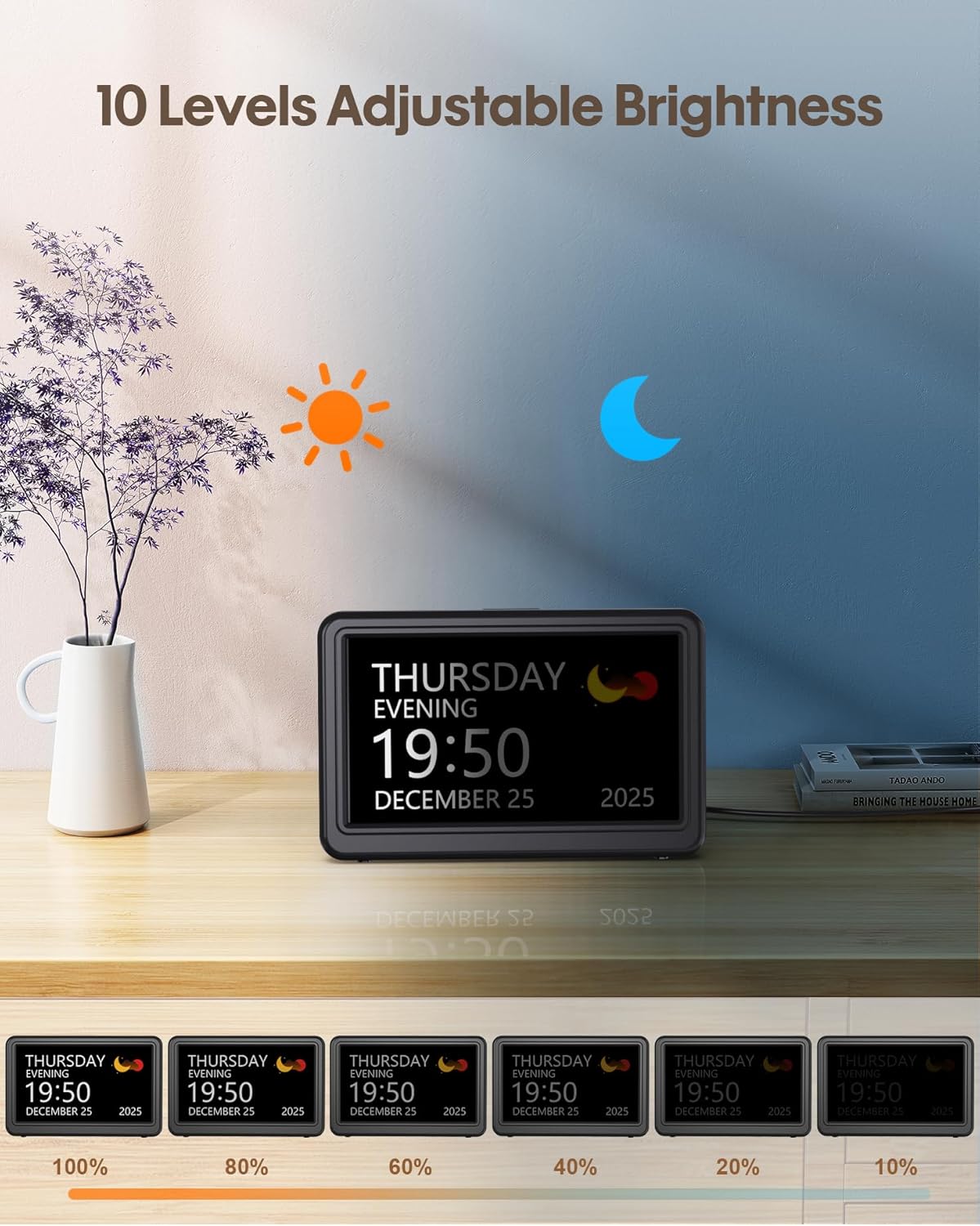 Clock with Day and Date for Elderly, 7" Large Display Digital Calendar Day Clock with 20 Custom Alarms and Medicine Reminders, Dimmable Dementia Alzheimers Clocks for Seniors, Black (Ac Powered)