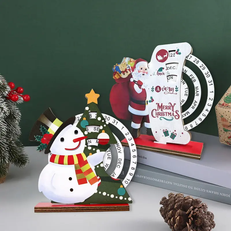 Christmas Countdown Calendar Wooden Decoration, Santa Claus Snowman Round Tabletop Ornament, Holiday Home Decor, Festive Seasonal Gift Idea