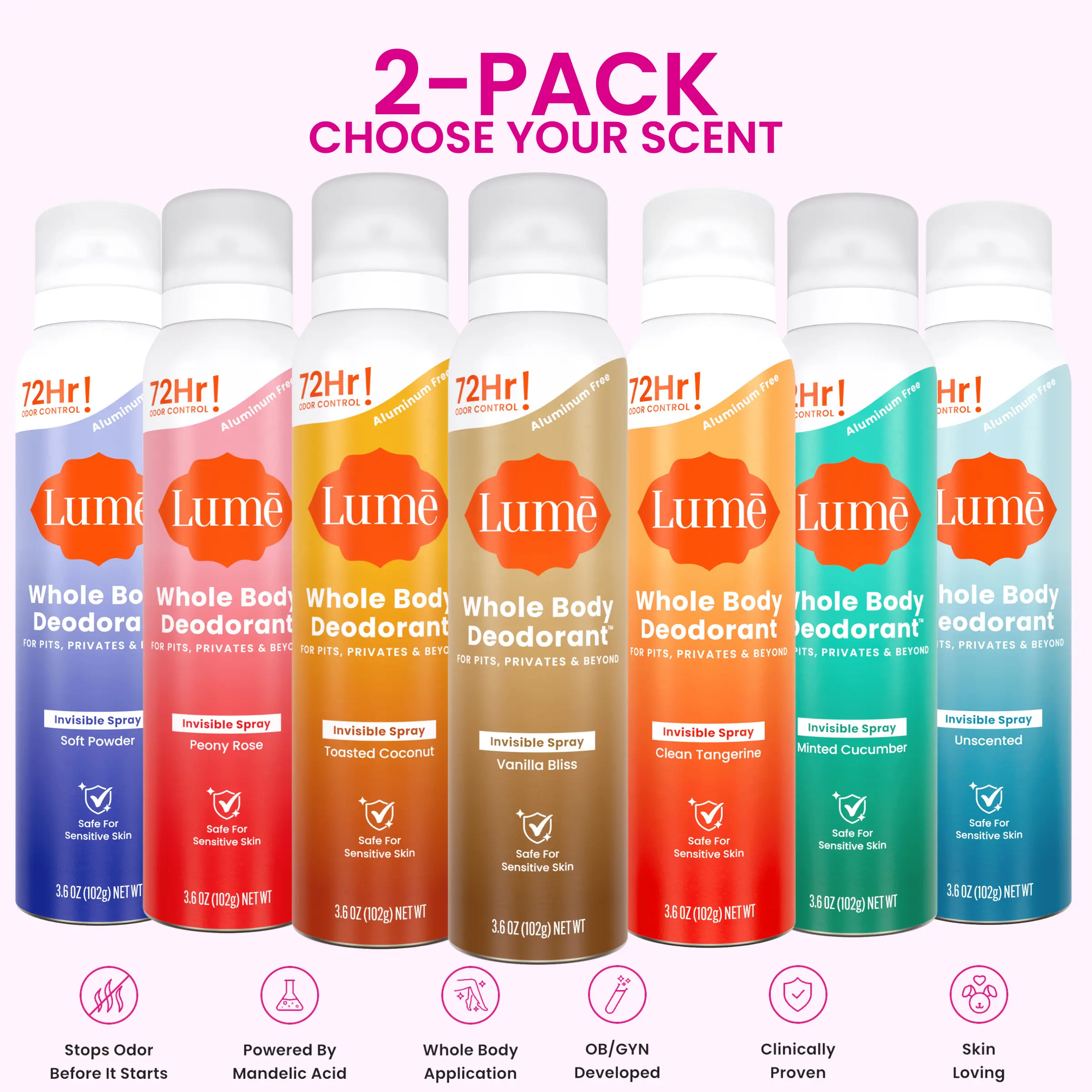 2-Pack - Lume Invisible Spray Deodorant For Women - Whole Body Deodorant Spray - 72 Hr Odor Control - Ozone Friendly, Natural Propellant - Aluminum & Baking Soda Free, Skin Loving