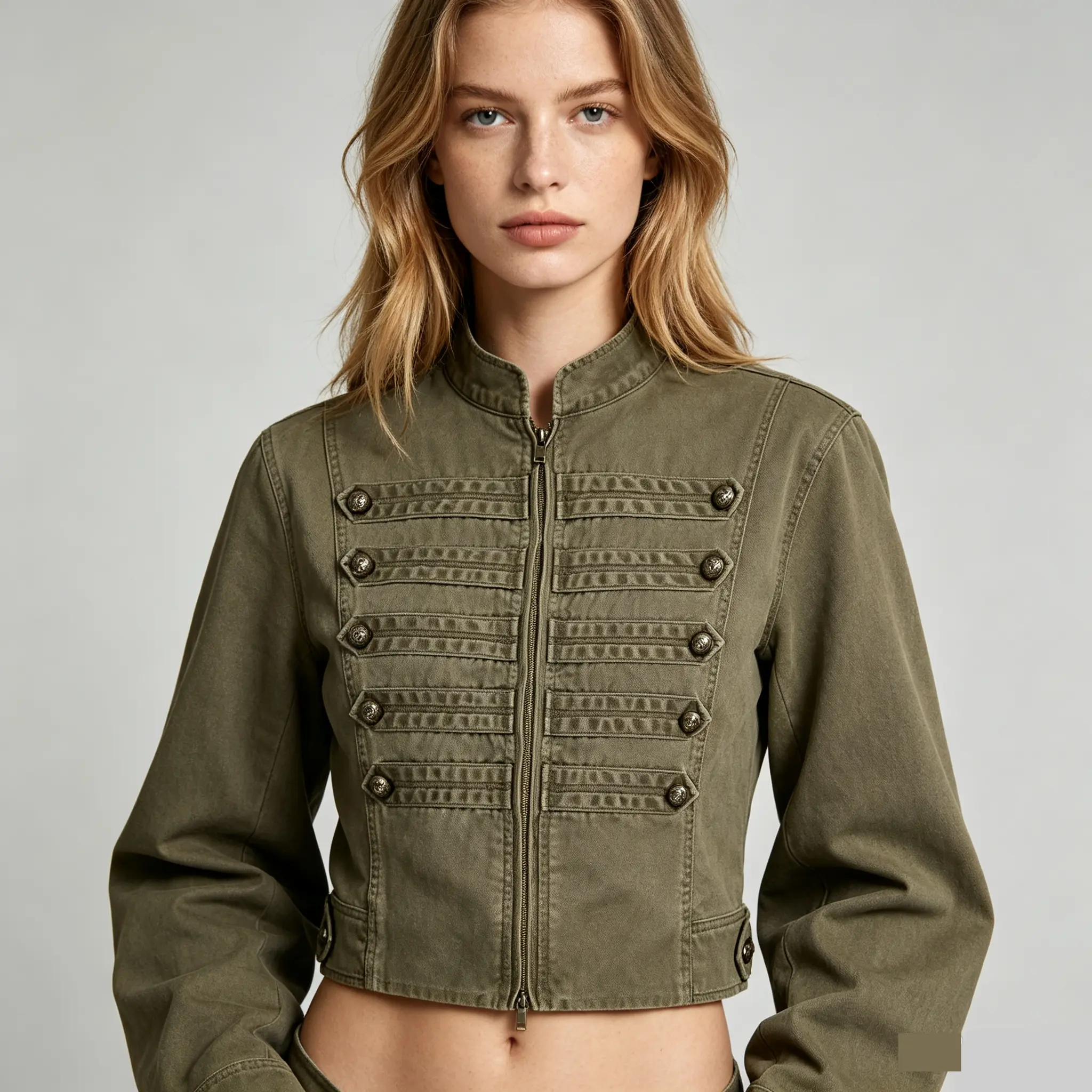 URBAN REVIVO Women's Long-Sleeve Cropped Military-Style Jacket - Breathable Cotton, Braided Trim, Button Details, Decorative Piping, Elegant, Year-Round Casual Outerwear, Care Guidance Provided, m