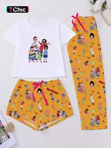 Women's Bob's Burgers Cartoon All-Over Print Pajama Set, Short-Sleeve & Long Shorts Loungewear, Three-Piece Sleepwear, Matching Pajamas
