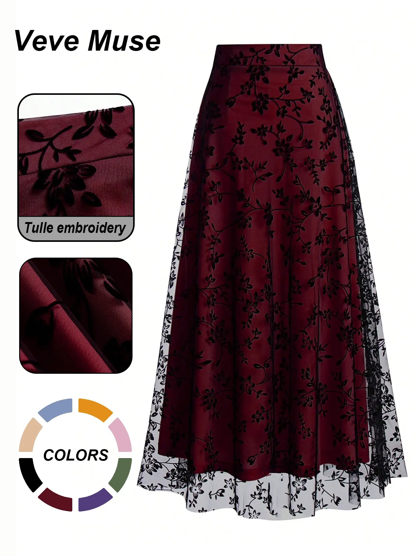Women's Floral Embroidery Contrast Netting A-line Half Skirt, Tulle Fabric Skirt, Casual Elegant High Waist Midi Dress for Party, Holiday, Wedding Guest Wear, Four Seasons Suitable Long Dress for Women
