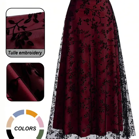 Women's Floral Embroidery Contrast Netting A-line Half Skirt, Aesthetic Fashionable Skirt, Tulle Fabric Skirt, Casual Elegant High Waist Midi Dress for Party, Holiday, Wedding Guest Wear, Four Seasons Suitable Long Dress for Women