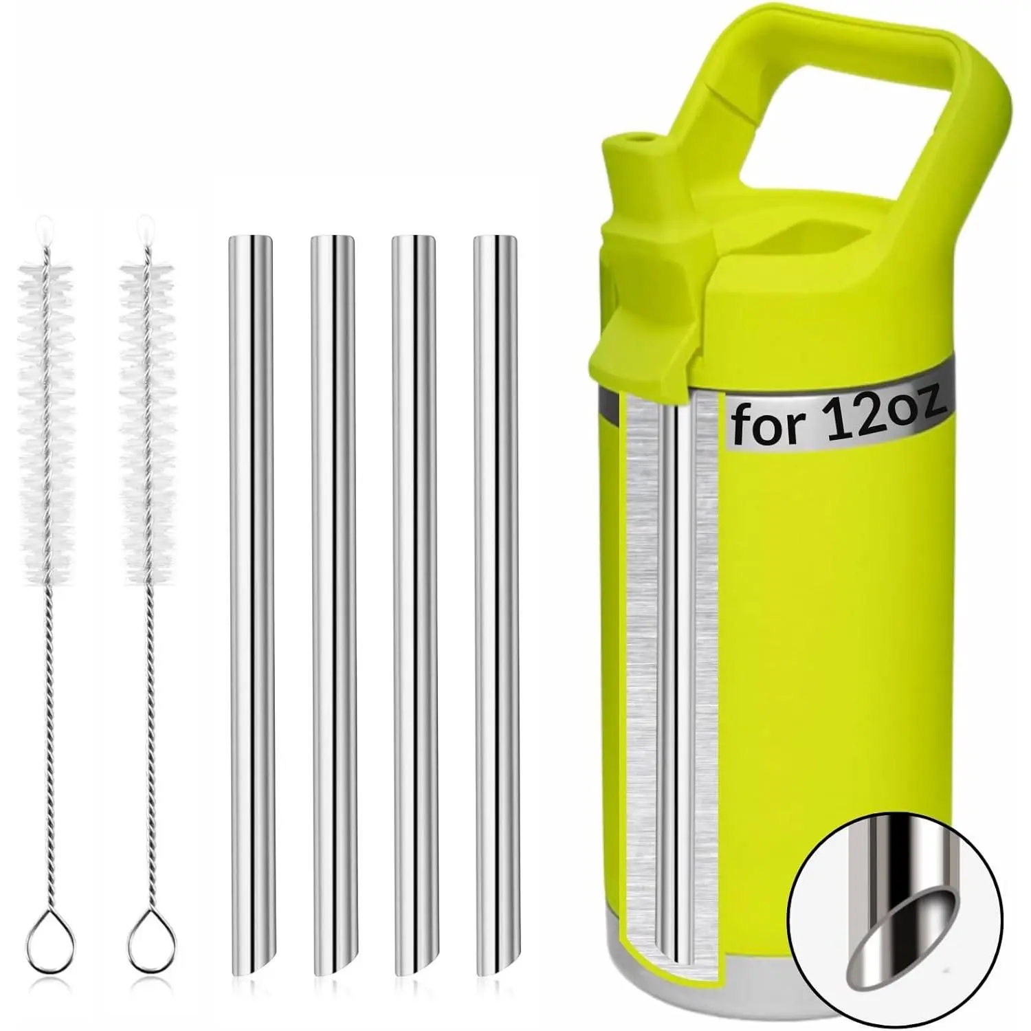 Reusable Stainless Steel Replacement Metal Straws for YETI Rambler Jr. 12 oz Water Bottle Tumbler, 4-Pack with 2 Cleaning Brushes