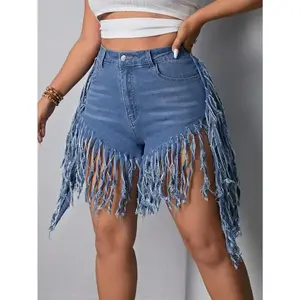 Plus Size Women Fringed Denim Shorts(Sheet)