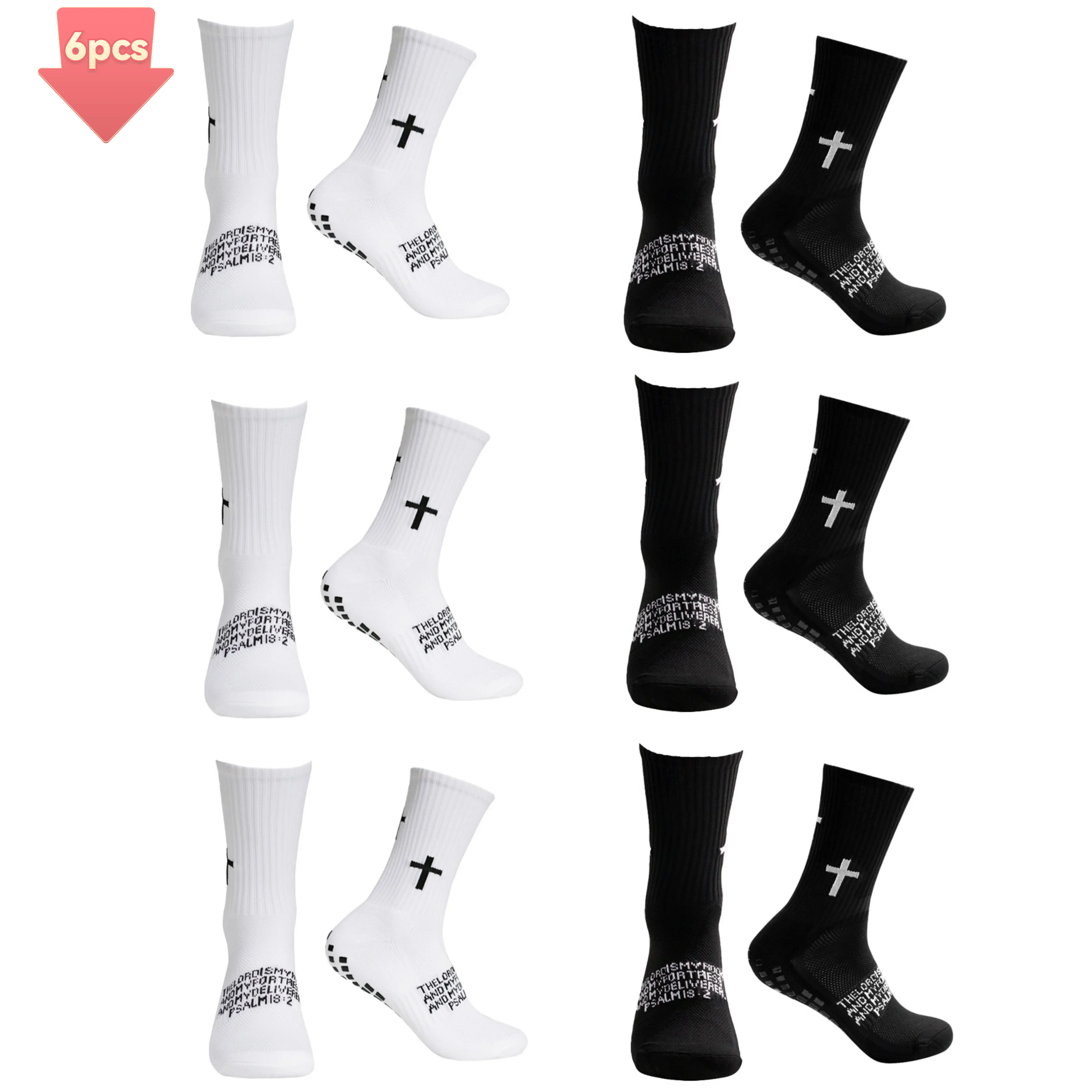 Men's & Youth Grip Athletic Sports Socks - 6 Pairs Elastic Breathable Antislip Polyester Tubesocks with Thick Sole, Secure Fit, Letters Detail