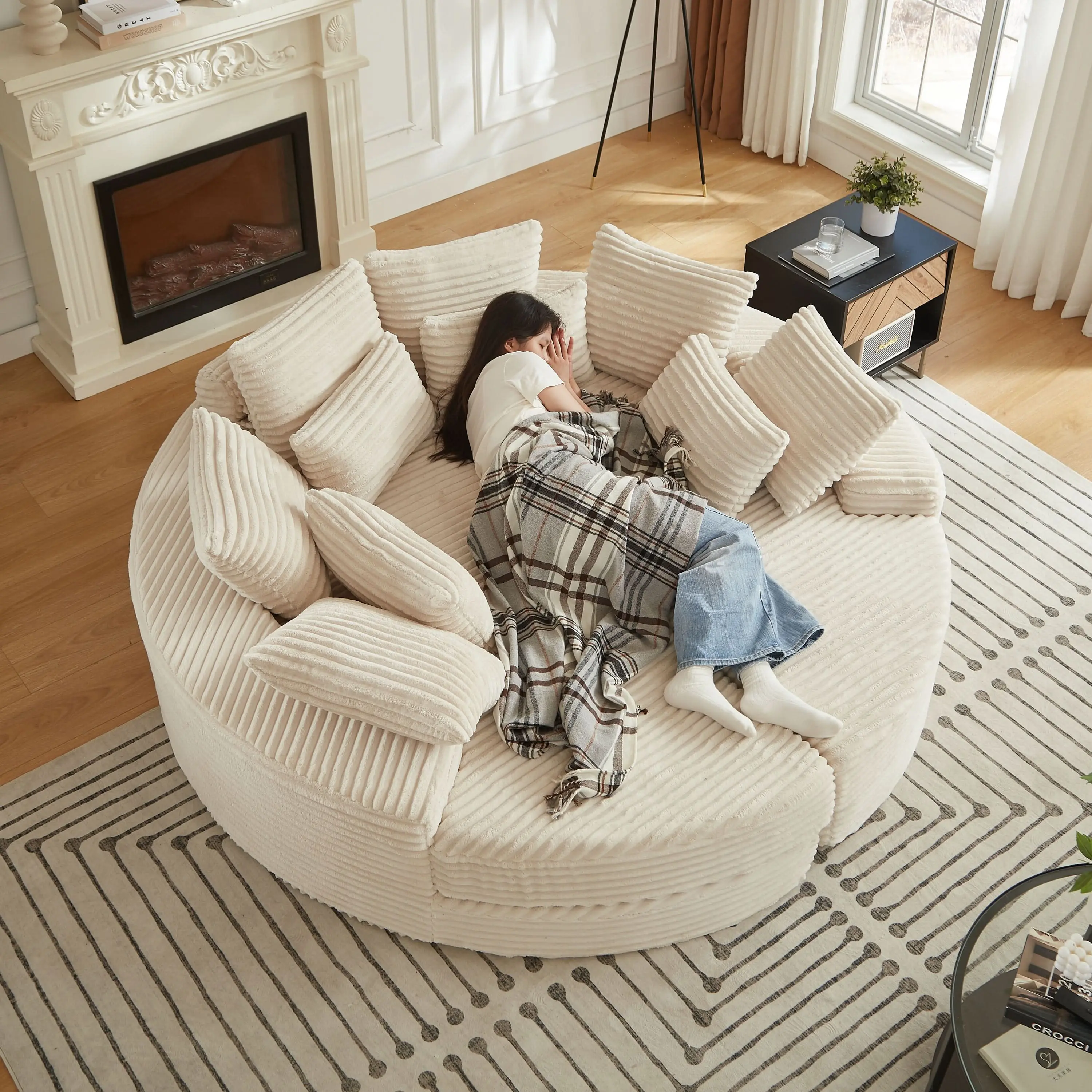 Corduroy Round Sofa Beige & Oversized Convertible 2-In-1 Recliner Bed With Neck Pillows
