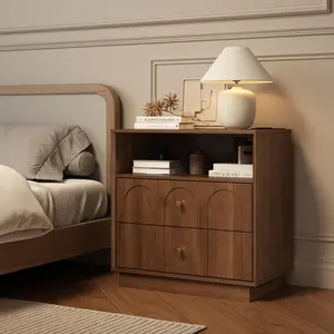 Modern Nightstand with Charging Station,24" Large Night Stand with Arched Design, Mid Century End Table with 2-3 Storage Drawers, Bedside Tables for Bedroom, Living Room, Sofa Office