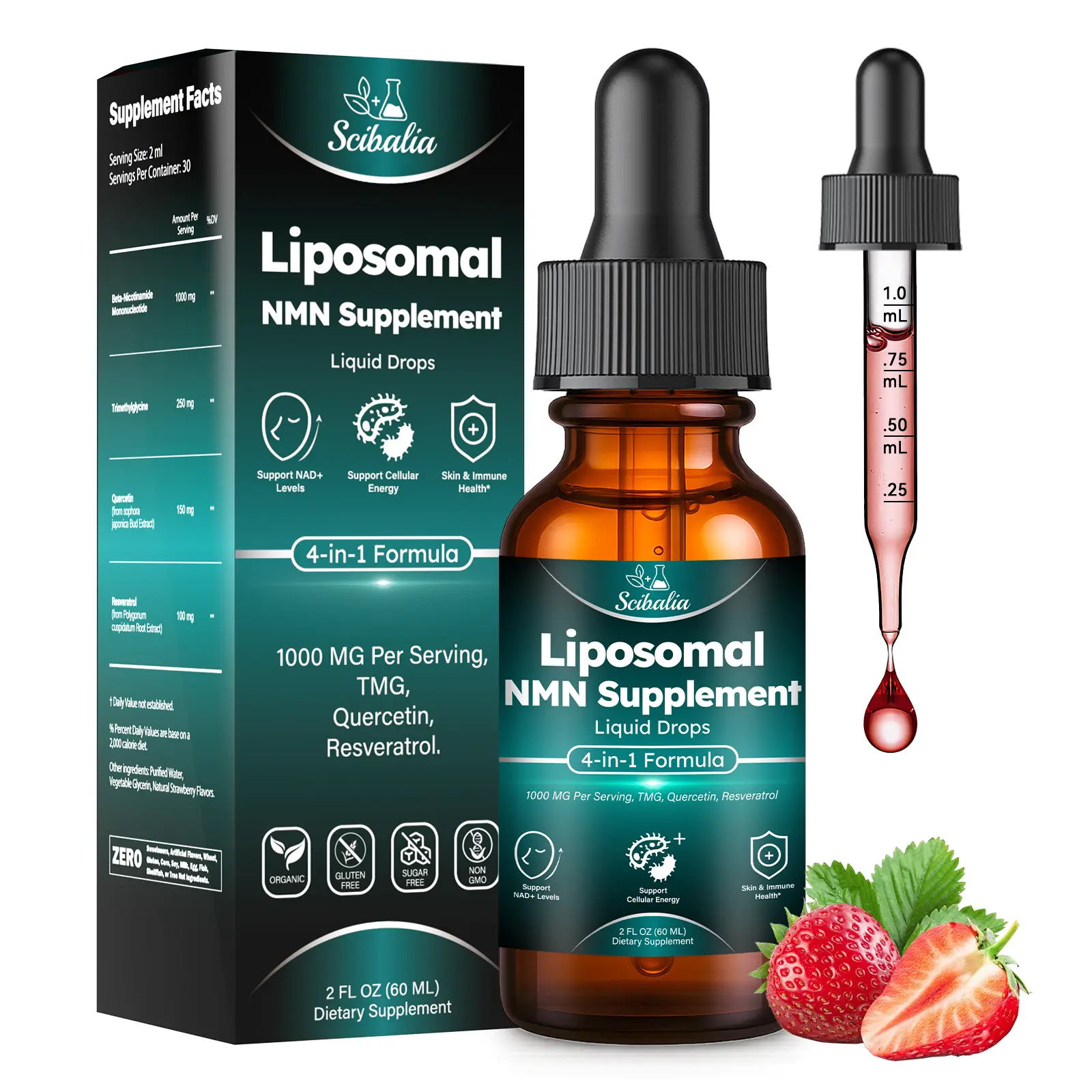 Liposomal Beta-NMN Liquid Drops Dietary Supplement with Vitamin, 4-in-1 NMNH Alternative (NMN Beta Resveratrol, TMG, Quercetin), Max Absorption for NAD+ Levels, Cellular Energy & Anti-Aging, Strawberry Flavor for Adults' Healthcare Fitness