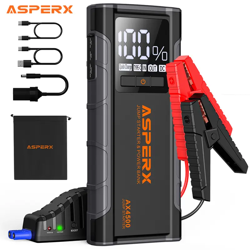 AsperX 12V Automotive Car Jump Starter, 4500A Peak for All Gas & Up to 10.0L Compression-Ignition Engines, Trucks, Boats, 4-Inch LCD Display, Built-In Boost Flashlight, DC Output Power Supply