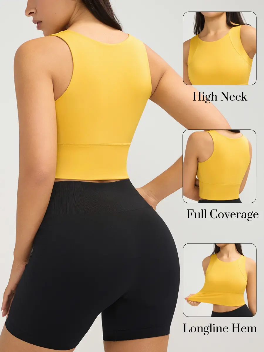 Ama Larsi High Neck Longline Sports Bra for Women, Medium Support Wireless Padded Workout Bra, Comfort Breathable Workout Top for Yoga, Gym, Pilates Activewear