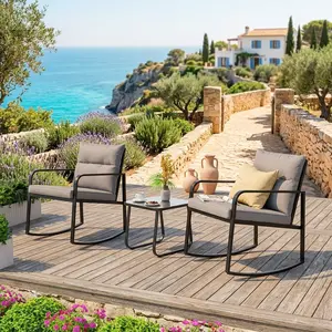 3 Piece Patio Rocking Bistro Set, Iron Frame Rocking Chair Conversation Set With Thick Cushion And Square Glass Table, Rust Resistant Lightweight Outdoor Furniture For Porch Balcony Garden Backyard Poolside Camping Home Decor