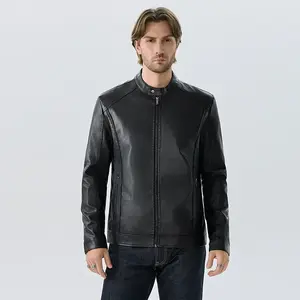 Men's Black Stand-Collar Faux Leather Jacket Slim Fit Casual Business Style Coat for Versatile Wear and Comfortable Fit