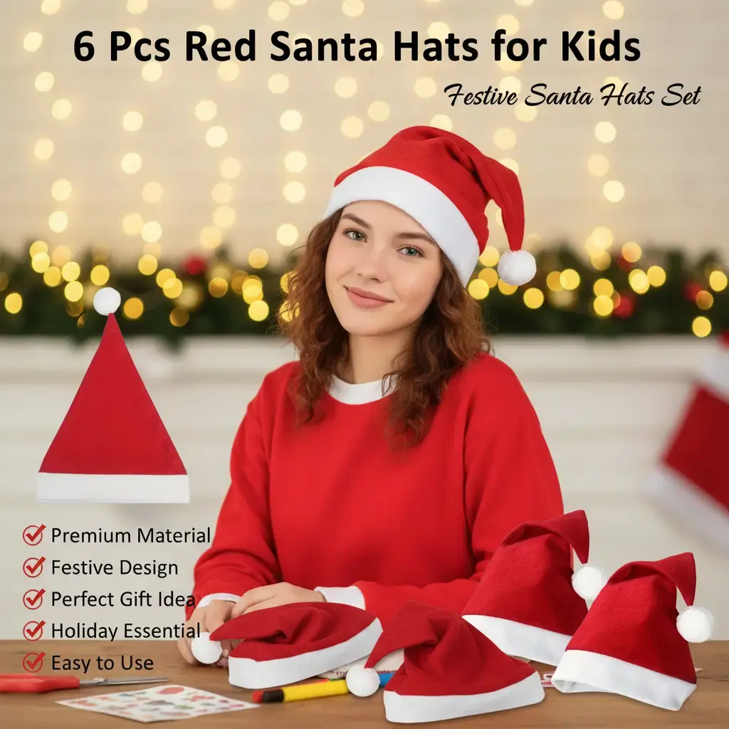 Set of 6 Christmas hats, high-quality nonwoven fabric Santa hats, one-size-fits-all Christmas decorations, red Santa hats, perfect for wearing at Christmas parties.