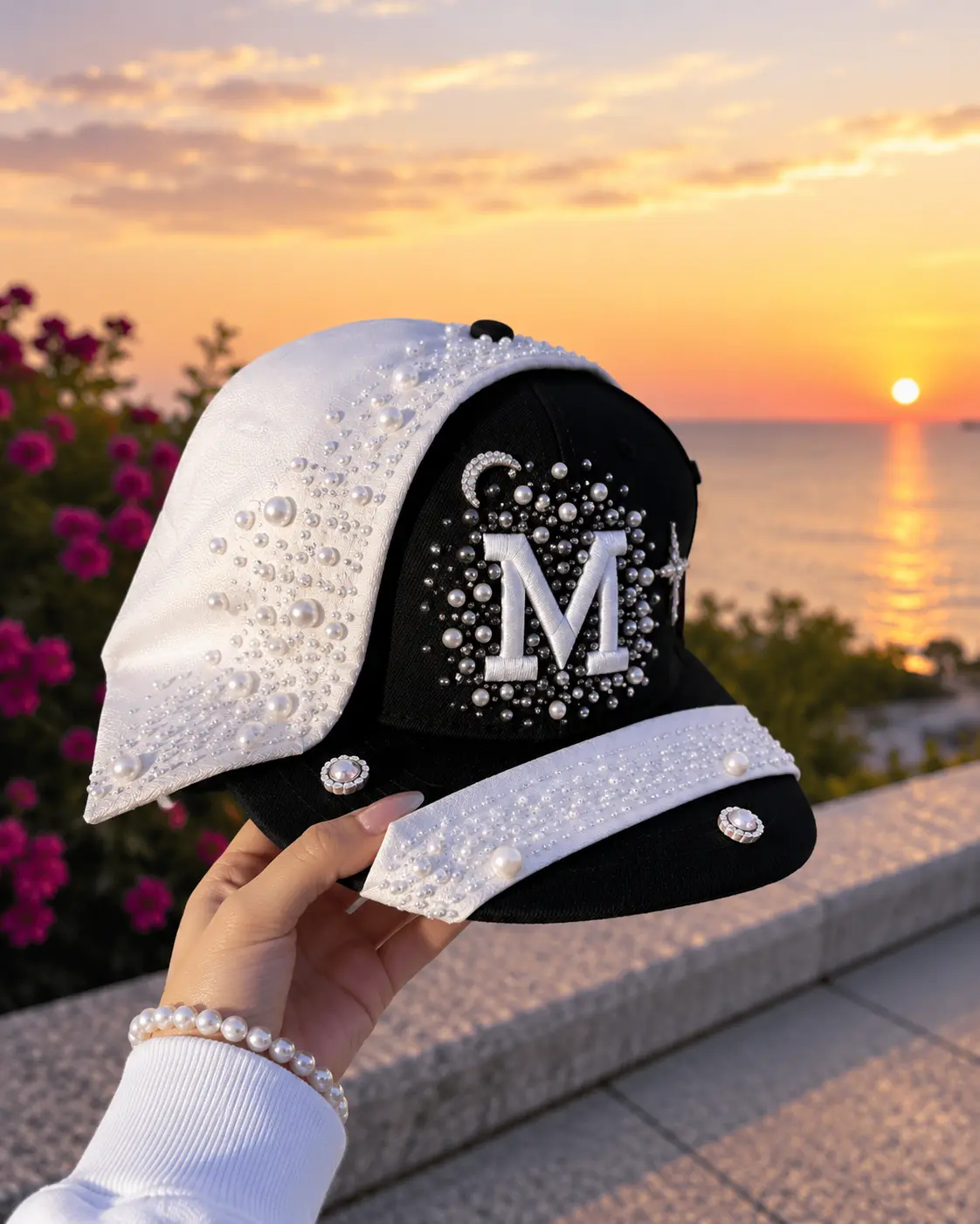Women's Custom Pearl Baseball Cap with White Scarf and Rhinestone