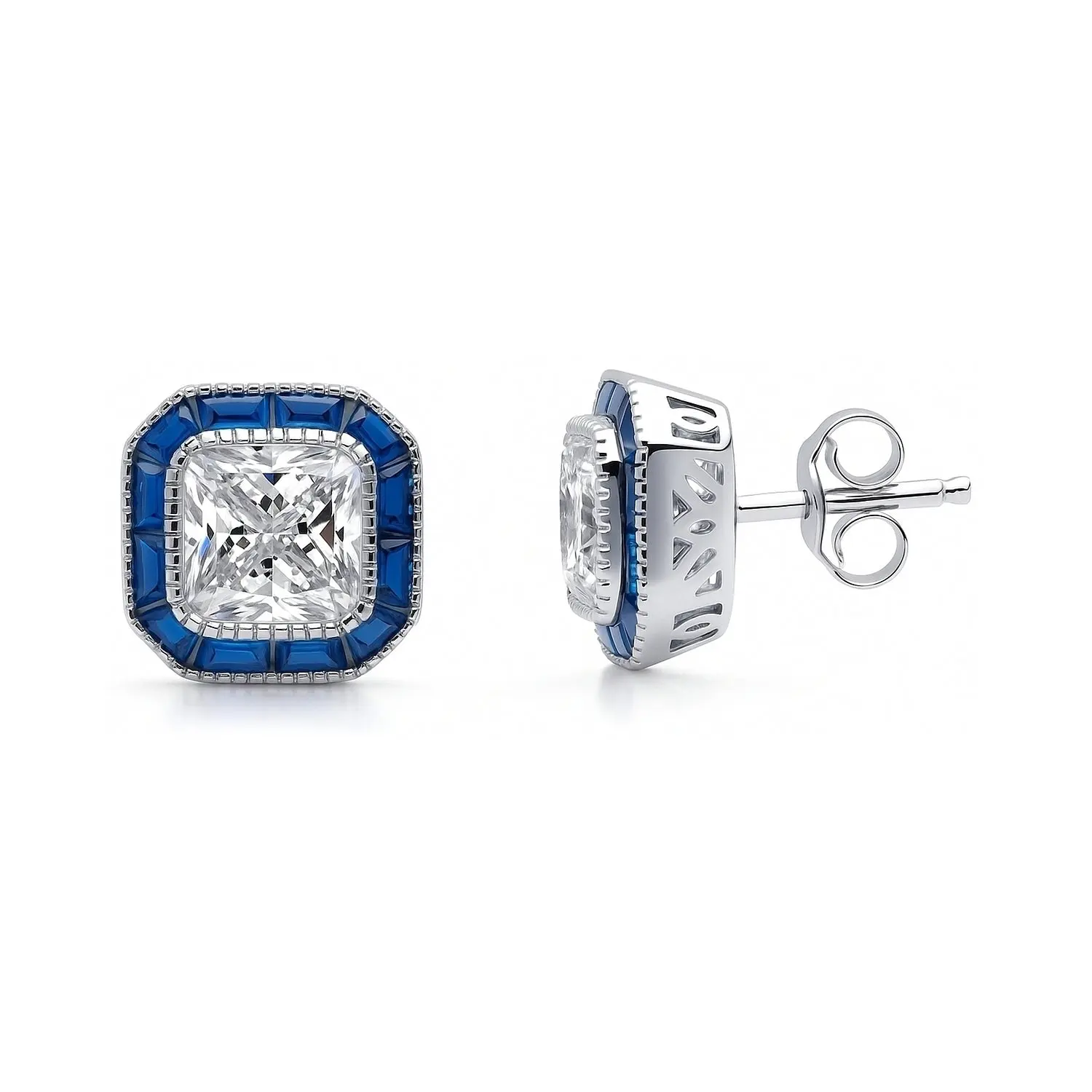 BERRICLE Sterling Silver Halo Art Deco Milgrain Stud Earrings for Women, Princess Cut Cubic Zirconia CZ