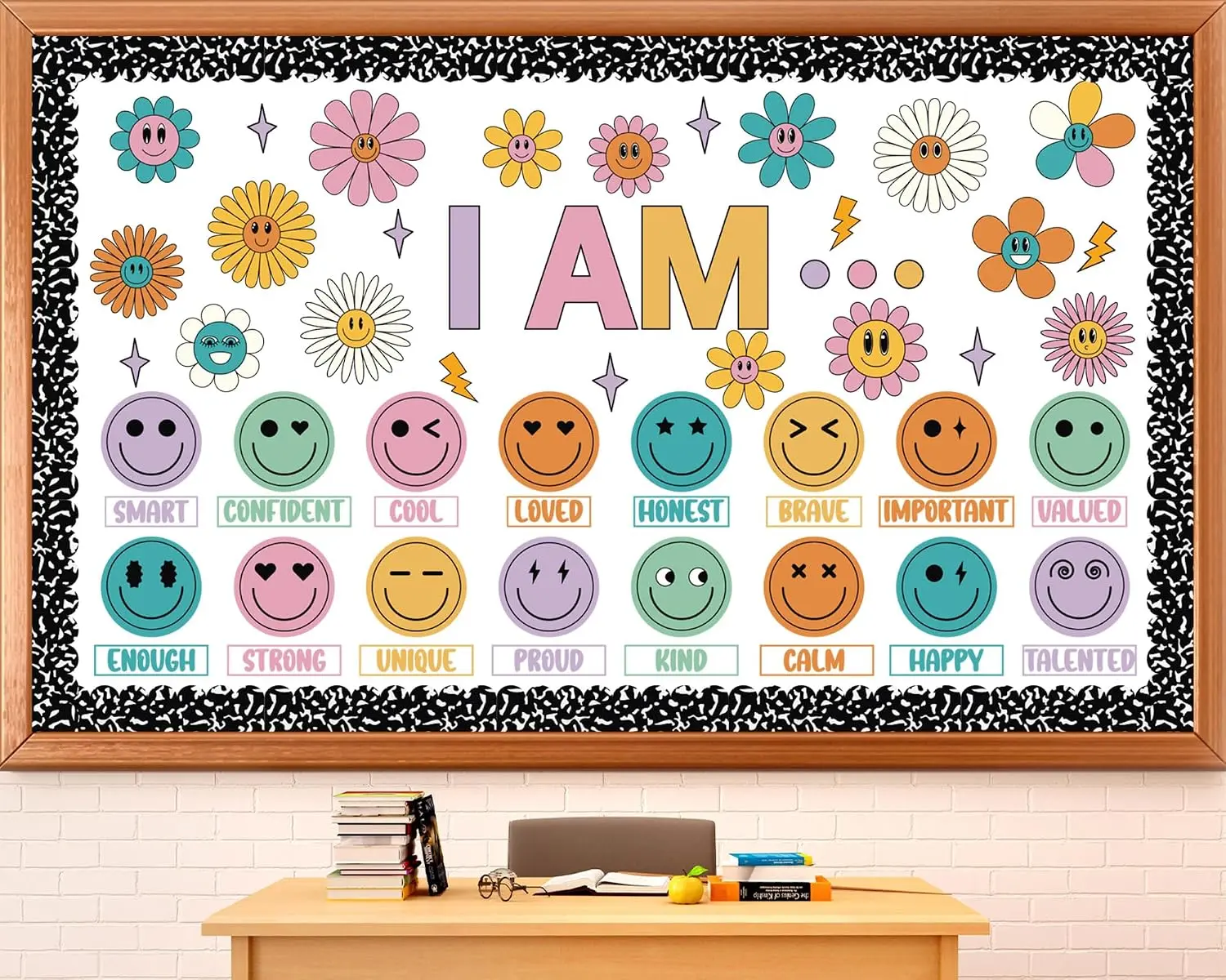 Affirmation Station Bulletin Board Set Smile Face Classroom Decor I Am Positive Affirmations Paper Bulletin Board Positive Sayings Happy Face Cutouts for Back to School Classroom Chalkboard Wall Decor